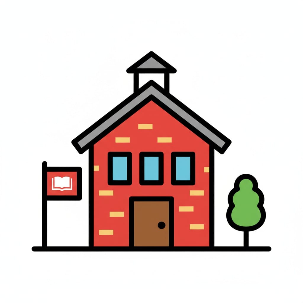 Een getekend rood bakstenen schoolgebouw met een kleine klokkentoren op het dak, een vlag met een booksymbool en een groene boom ernaast. Staat voor school.