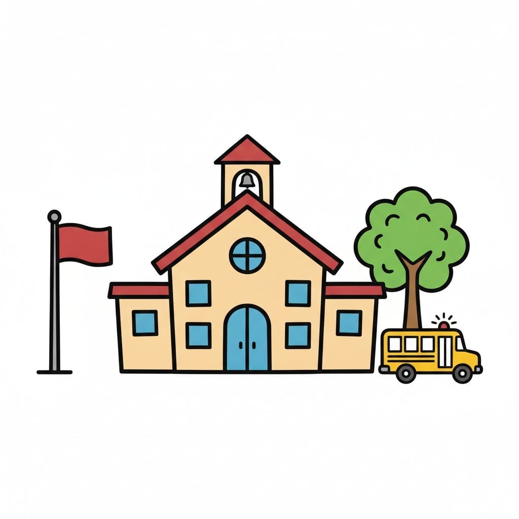 Een schoolgebouw met een rood dak en een klokkentoren, een rode vlag aan een mast, een boom en een gele schoolbus.