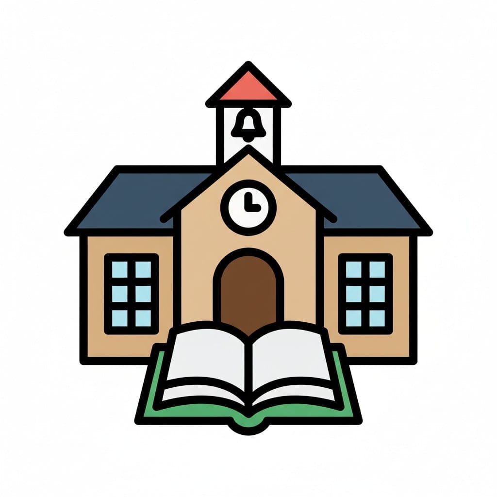 Een getekend schoolgebouw met een klok in de toren en een opengeslagen boek ervoor. Staat voor school en leren.