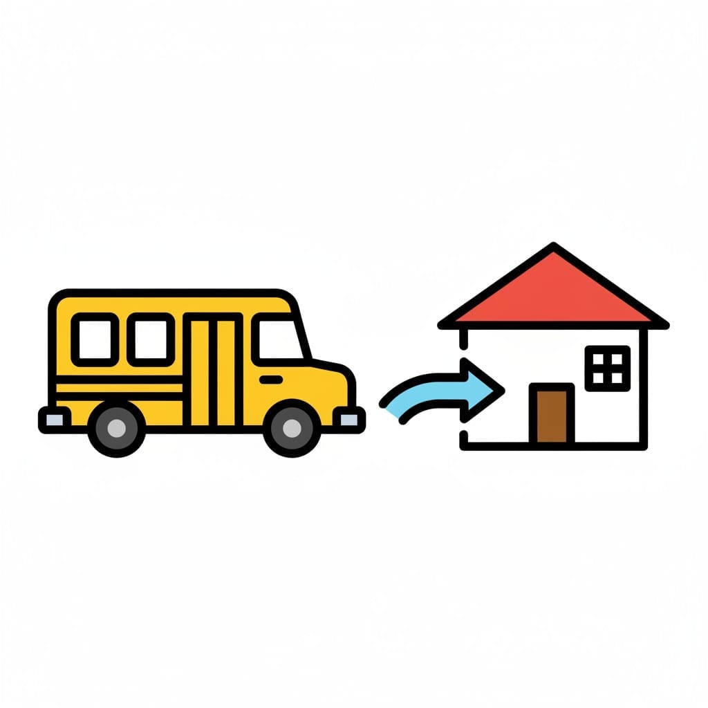 Een gele schoolbus komt aan bij een huis met een pijl die de richting aangeeft.