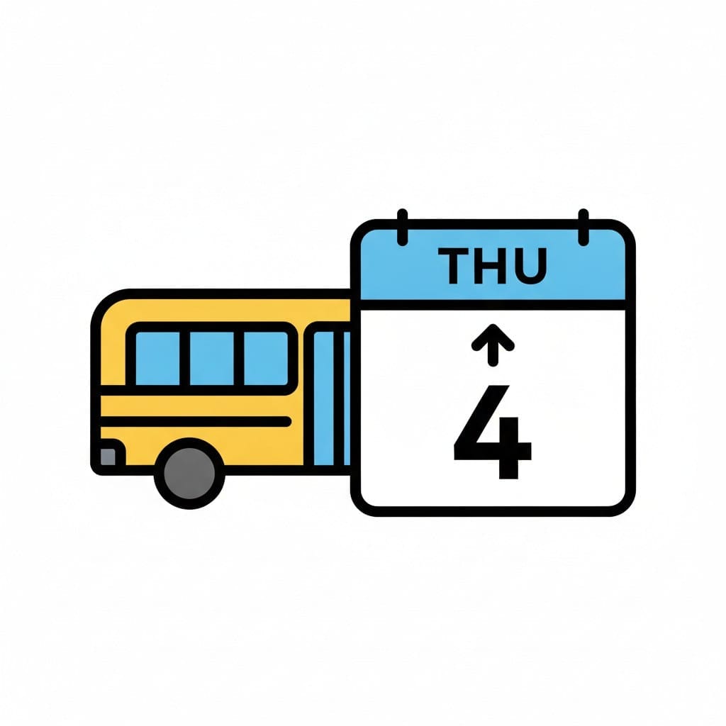 Een gele schoolbus van opzij gezien naast een kalender met THU en het cijfer 4 met een pijl omhoog.