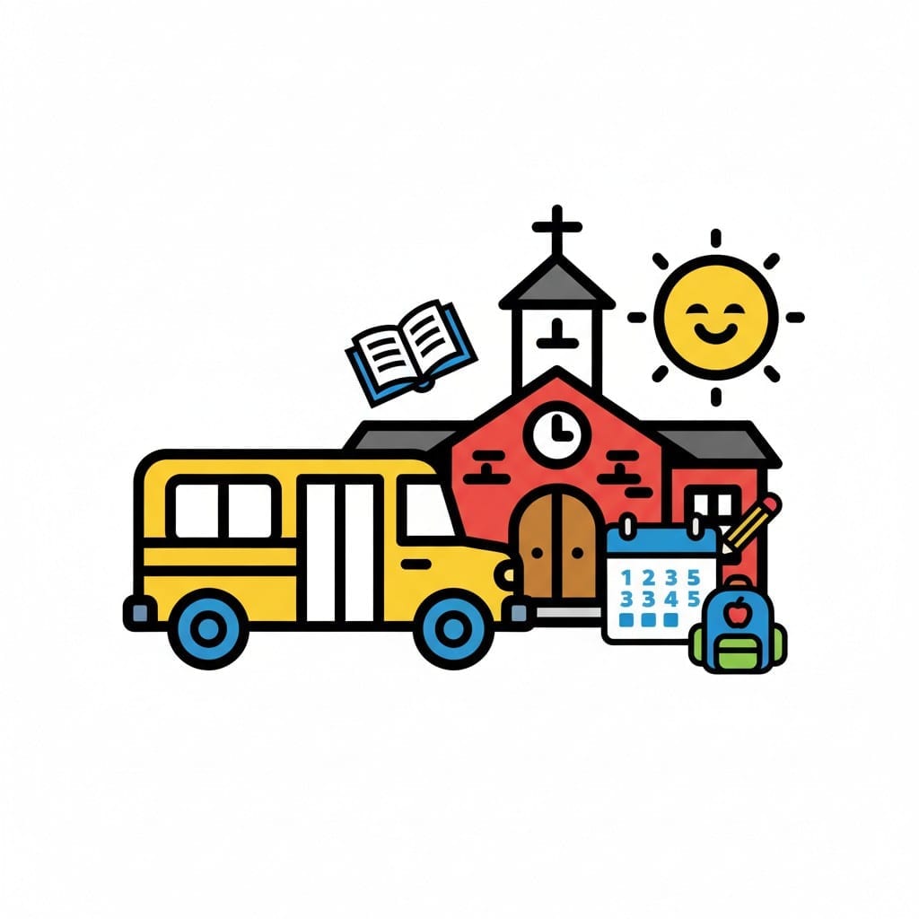 Een schoolbus, een schoolachtig gebouw met een klok, een opengeslagen boek, een kalender, een rugzak, een potlood en een lachende zon.