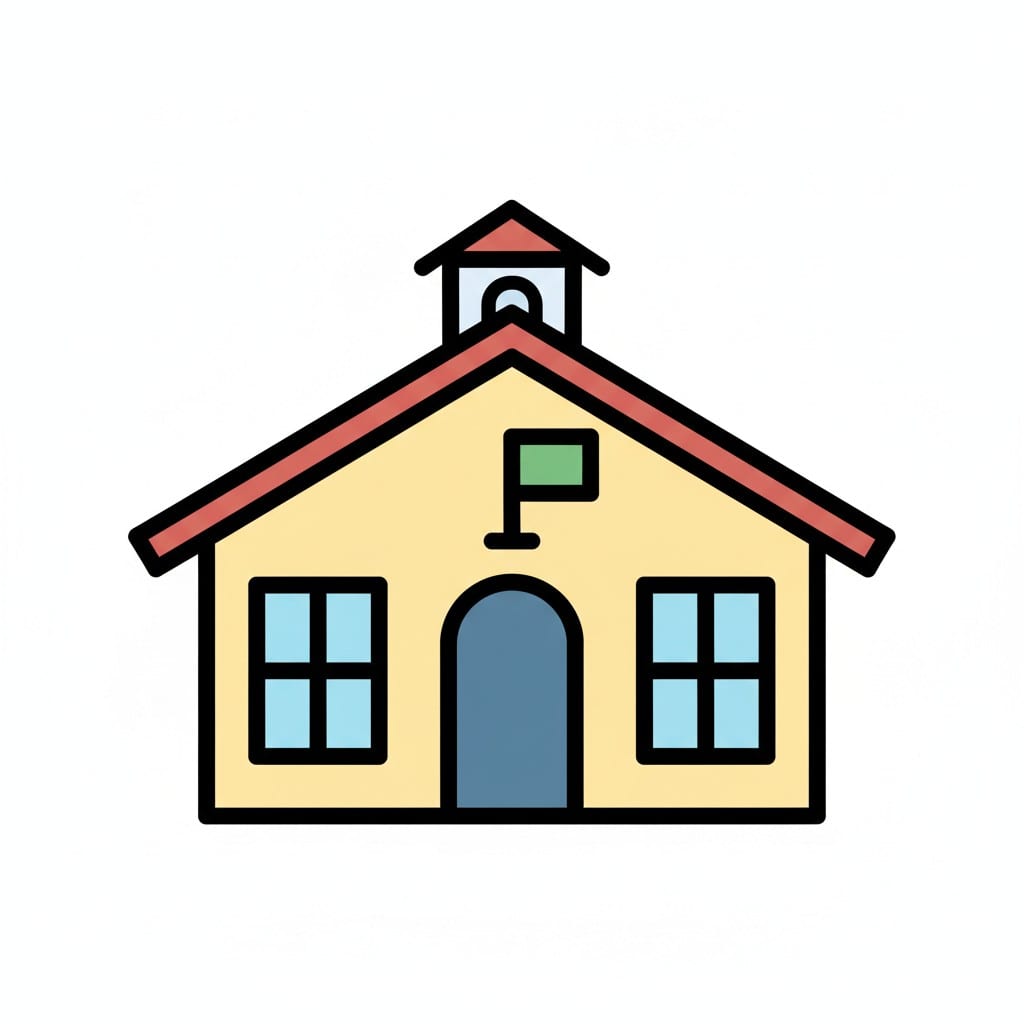 Een tekening van een schoolgebouw met een vlag en een klokkentoren.