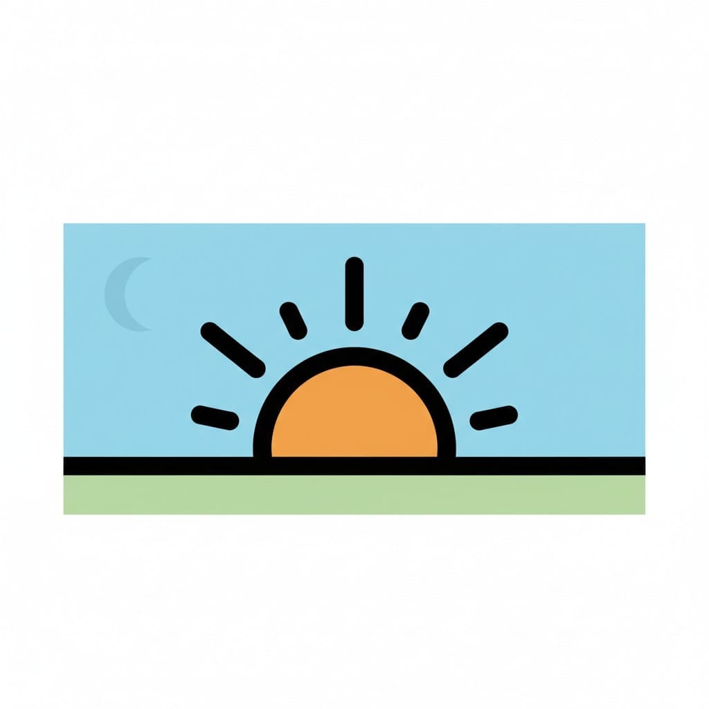 Een tafereel met een zon laag aan de horizon met lichtstralen en een vage maansikkel in de blauwe lucht, als overgang naar de avond.
