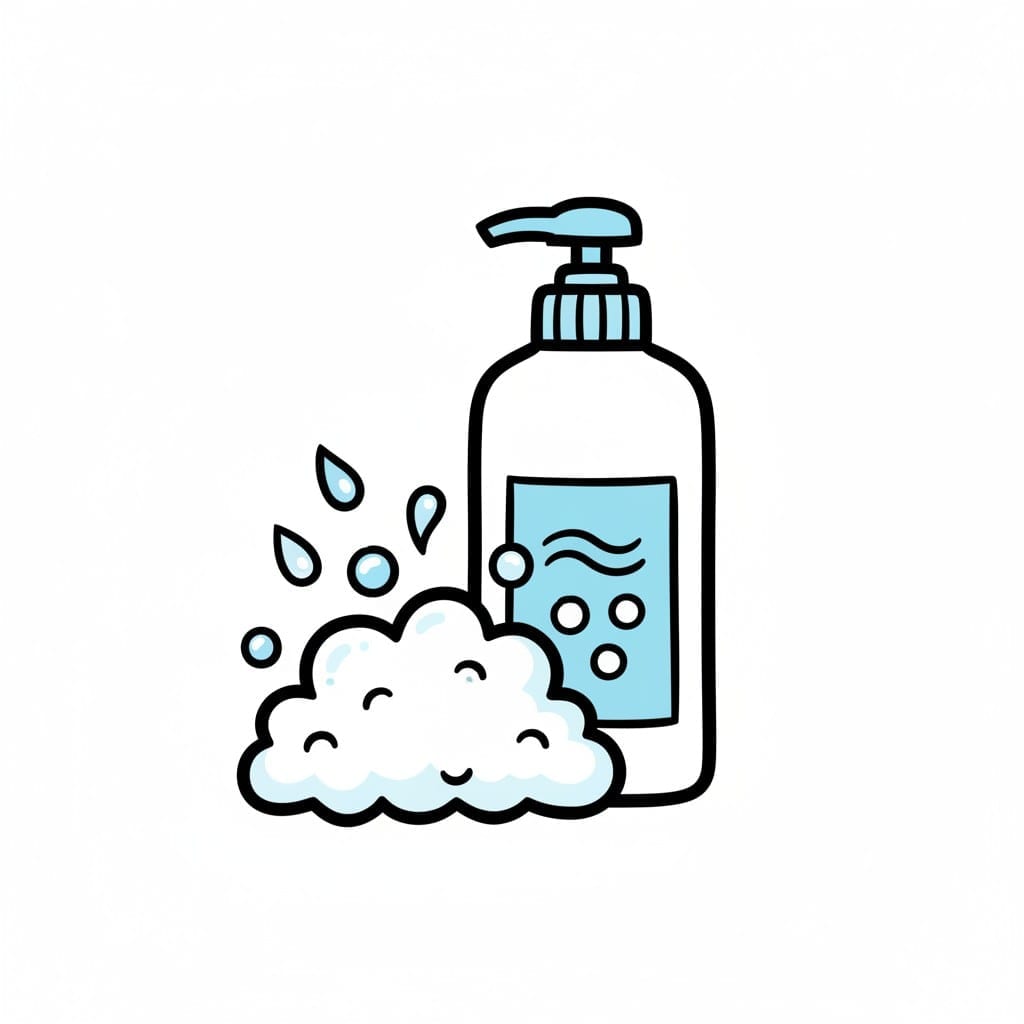 Een fles shampoo met een pomp, omringd door schuim en waterdruppels.