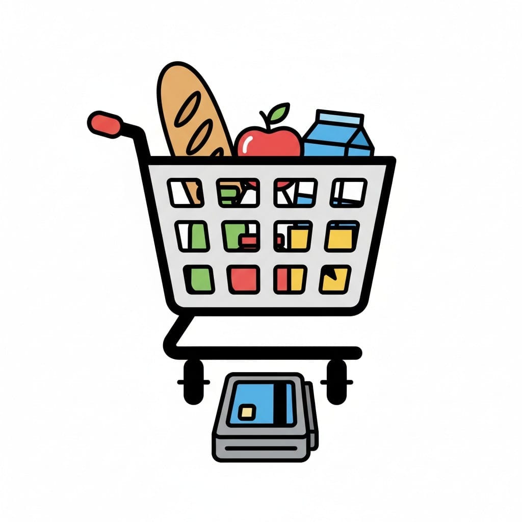 Een winkelwagen gevuld met boodschappen zoals brood, melk en een appel, met een betaalautomaat onder de wagen.