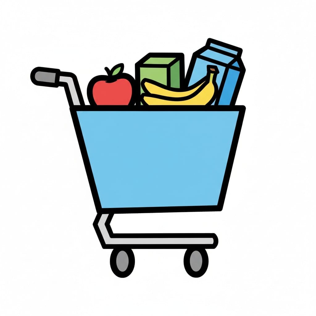 Een blauwe winkelwagen gevuld met boodschappen, waaronder een rode appel, gele bananen, een groen pak en een pak melk.