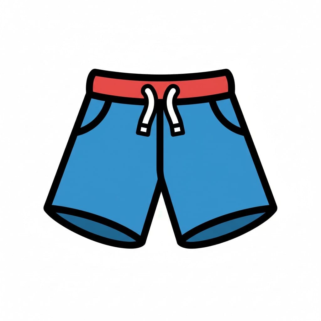 Een tekening van een blauwe short met een rode tailleband en een wit koordje.