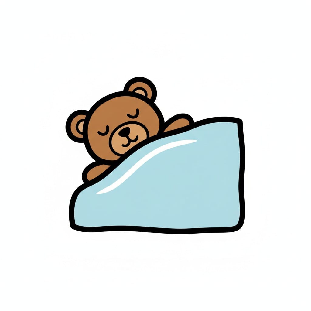 Een getekende bruine teddybeer slaapt vredig onder een lichtblauwe deken met zijn ogen dicht.
