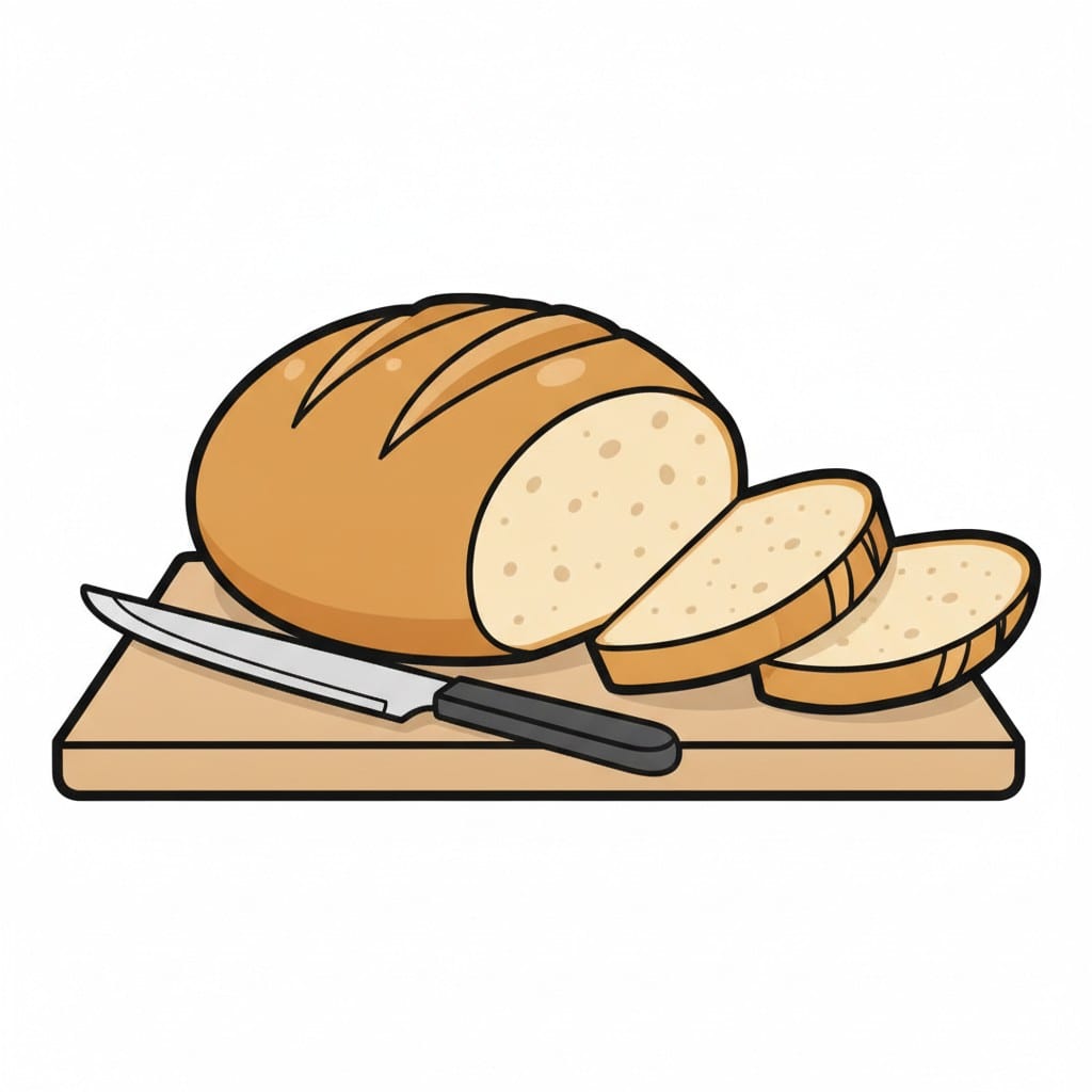 Een brood in plakken gesneden op een snijplank met een mes.