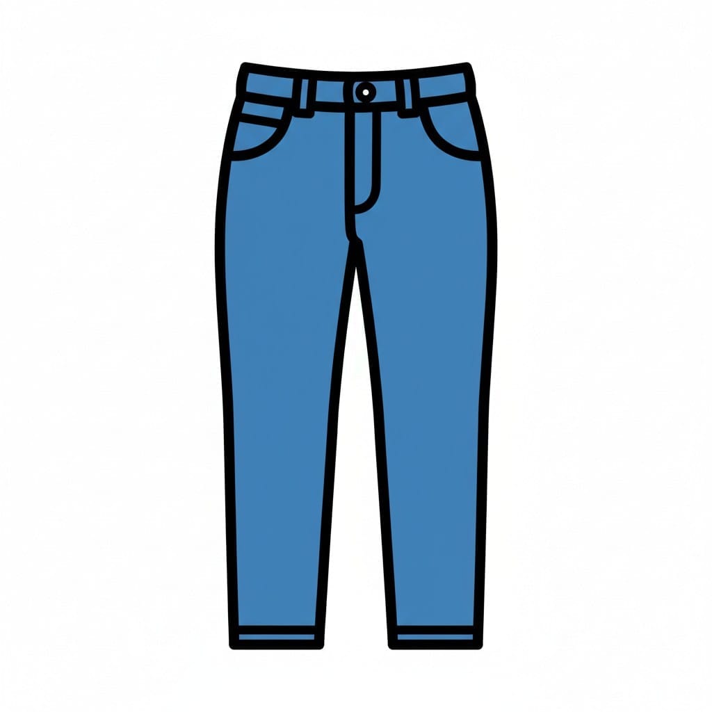 Een smalle blauwe spijkerbroek met zakken aan de voorkant en omgeslagen pijpen bij de enkels.