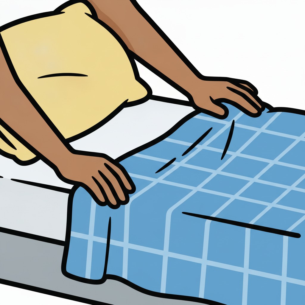 Two hands smooth a blue checked duvet on a bed.