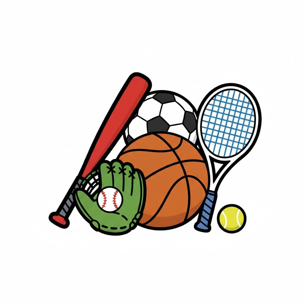 En illustrasjon som viser diverse sportsutstyr, inkludert et rødt baseballballtre, en grønn baseballhanske med en hvit baseball, en svart og hvit fotball, en oransje basketball, en blå og hvit tennisracket og en gul tennisball.