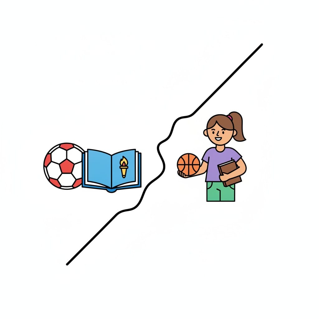 Ein geteiltes Bild mit Fußball und aufgeschlagenem Buch auf der einen und einem Mädchen mit Basketball und Buch auf der anderen Seite.