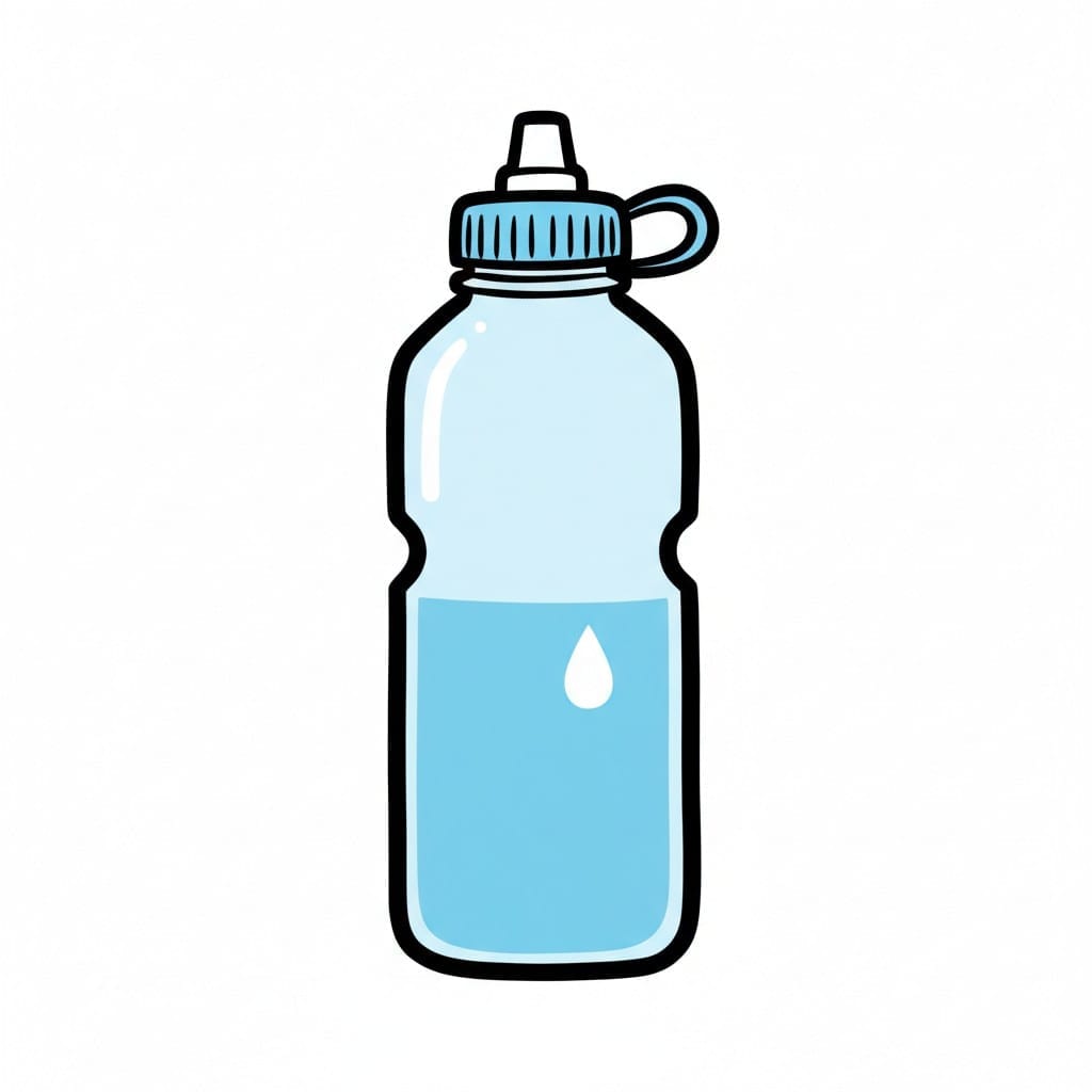 Een doorzichtige sportfles met een lichtblauwe dop, een drinktuit en een draaglus, deels gevuld met lichtblauw water en met een waterdruppelplaatje.