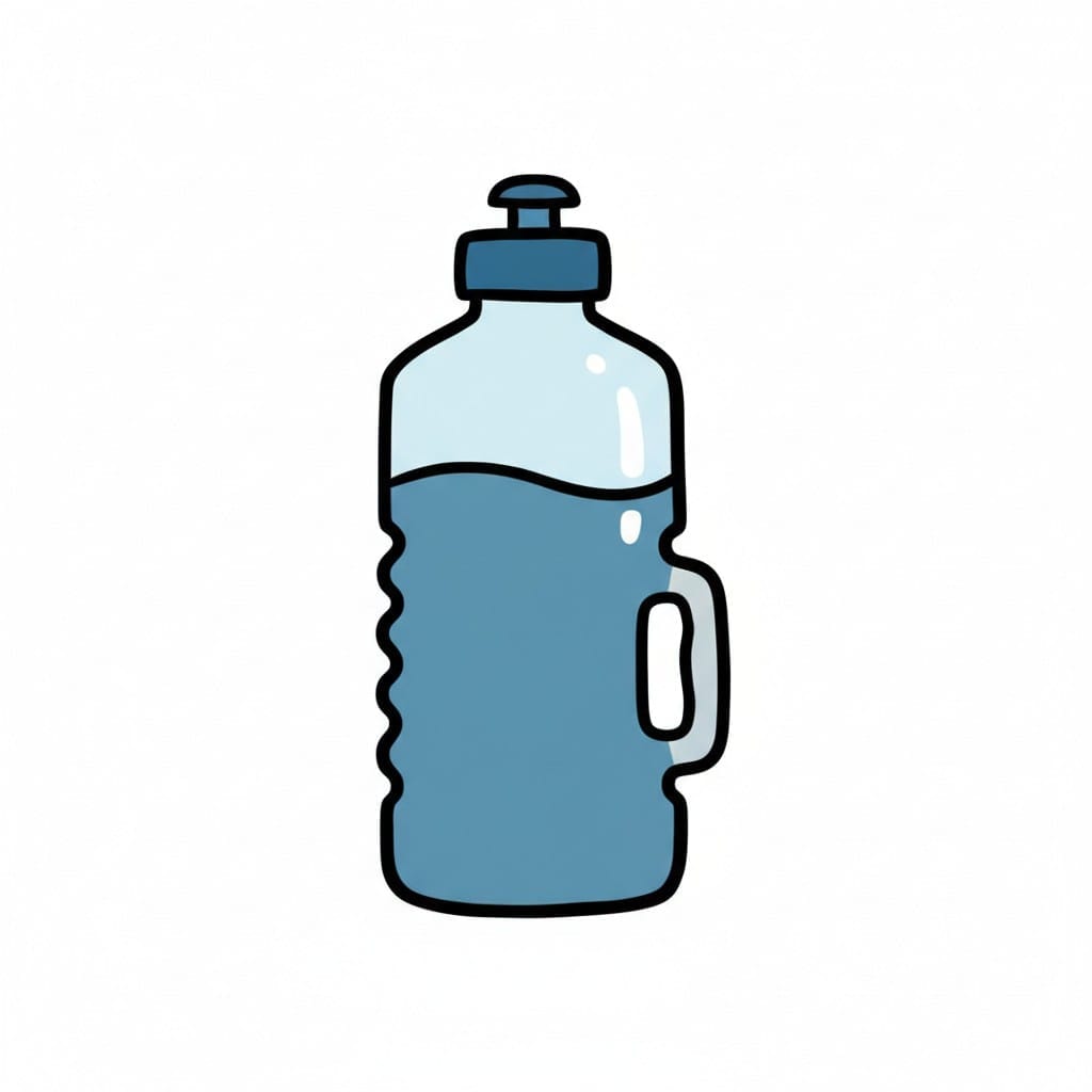 Een getekende sportfles met een handvat, gevuld met blauwe vloeistof.