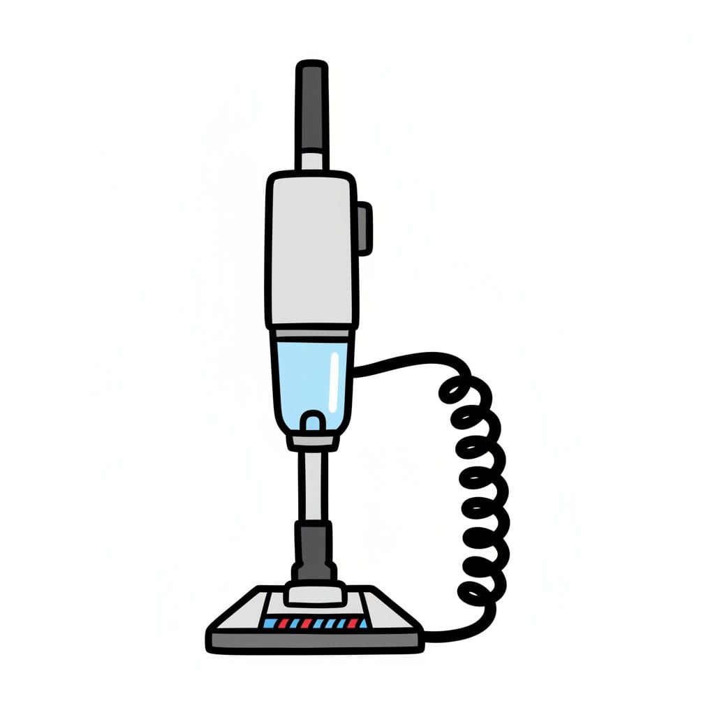Een tekening van een grijs met blauwe steelstofzuiger met een opgerold zwart snoer.