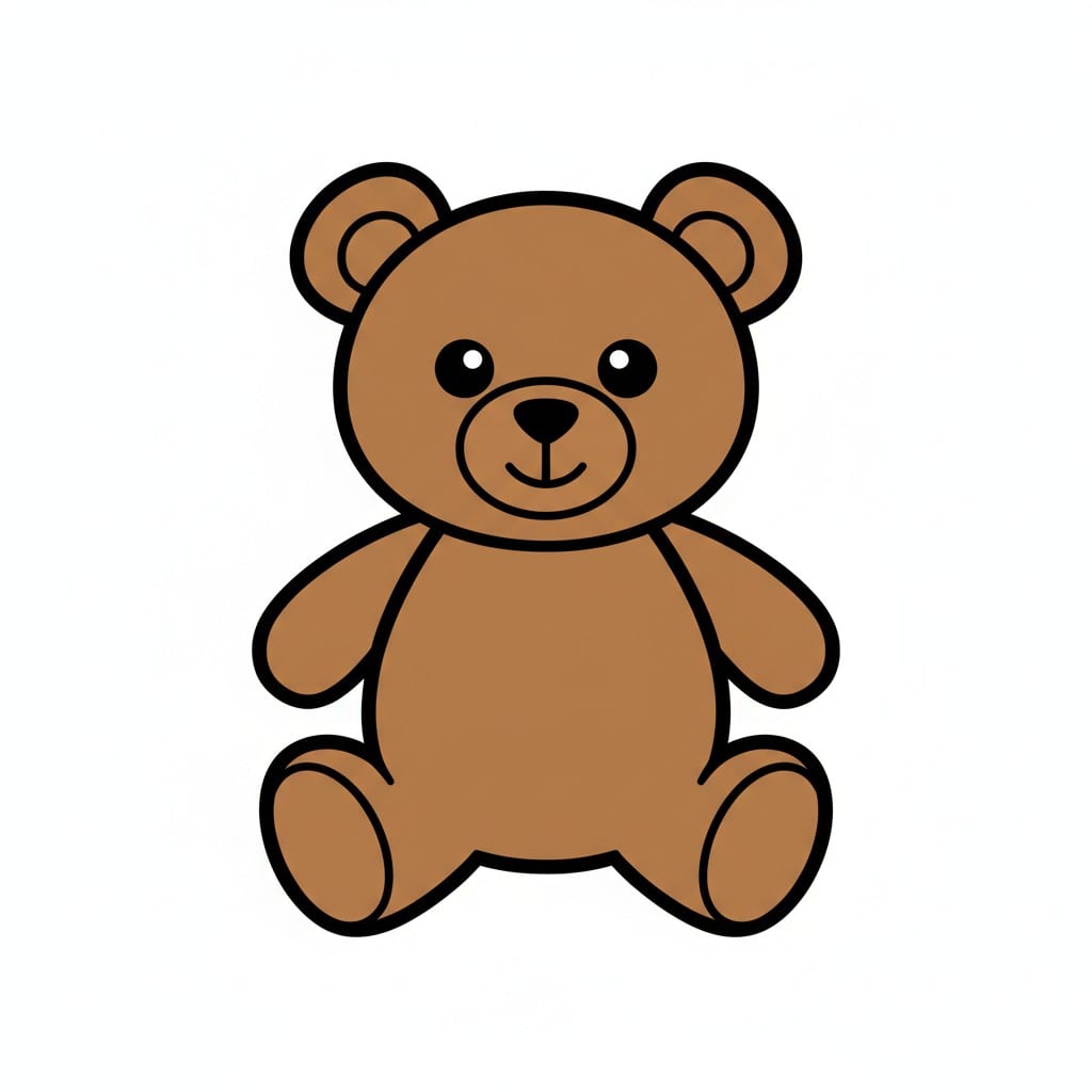Ruskea sarjakuvakarhu istuu edestäpäin hymyillen.