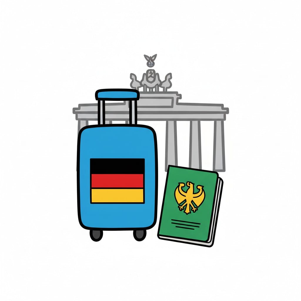 A suitcase with the German flag and a passport in front of the Brandenburg Gate.