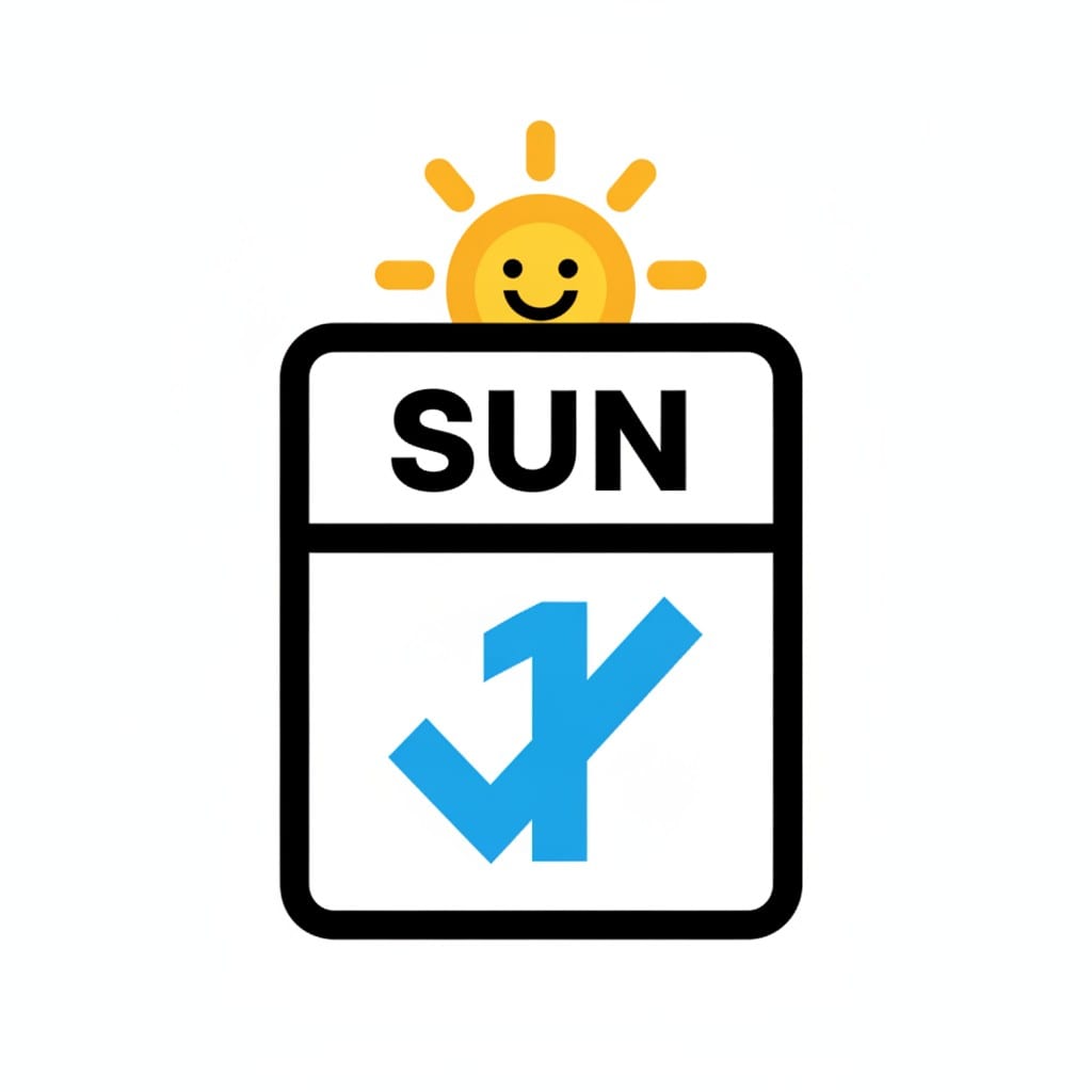 Een kalender met de afkorting SUN en een blauw vinkje, met een lachende zon die er bovenuit piept.