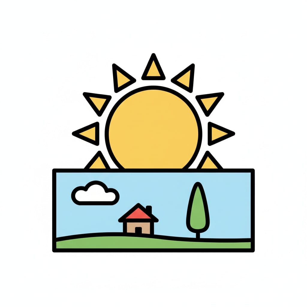 Eine große Sonne über einer Landschaft mit Haus und Baum.