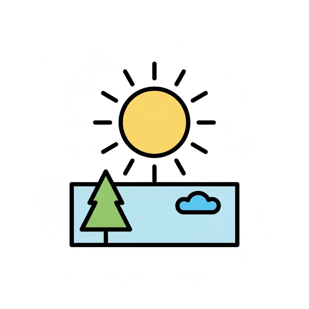 Een felle zon schijnt boven een landschap met een boom en een wolk.