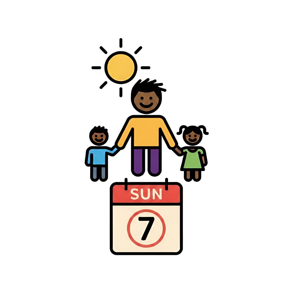 Een pictogram met een volwassene die een jongen en een meisje bij de hand houdt, met een zon boven hen en een kalender met 'SUN' (zondag) en het cijfer 7.