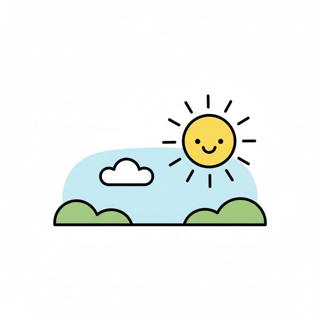 Een zonnig tafereel met een lachende zon, een witte wolk en groene struiken.
