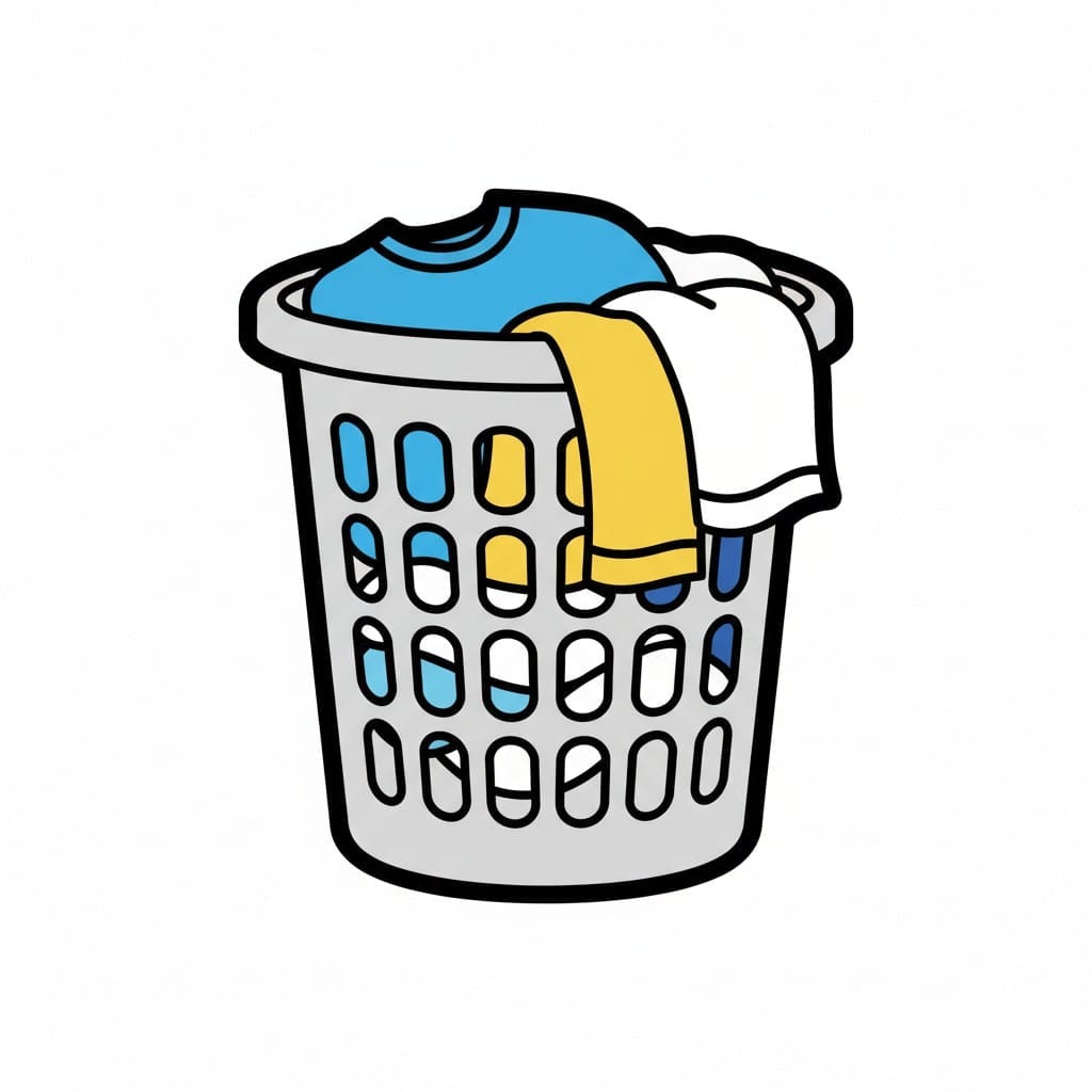 Een hoge grijze wasmand met geventileerde zijkanten, met een blauw shirt en een gele handdoek over de rand.