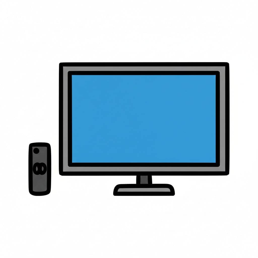 Een tekening van een tv met een blauw scherm en een zwarte afstandsbediening ernaast.