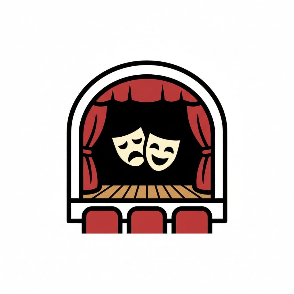 Een theaterpodium met rode gordijnen, stoelen en de klassieke maskers van komedie en tragedie.