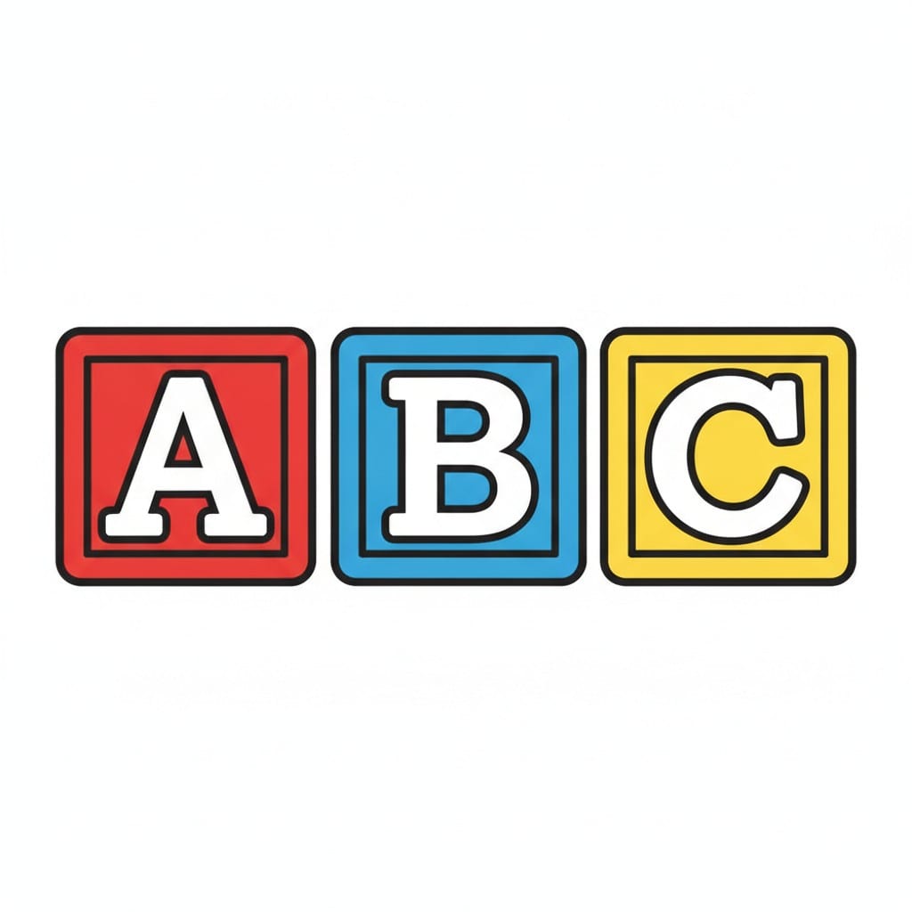 Three blocks in a row in red, blue and yellow with the white letters A, B and C.