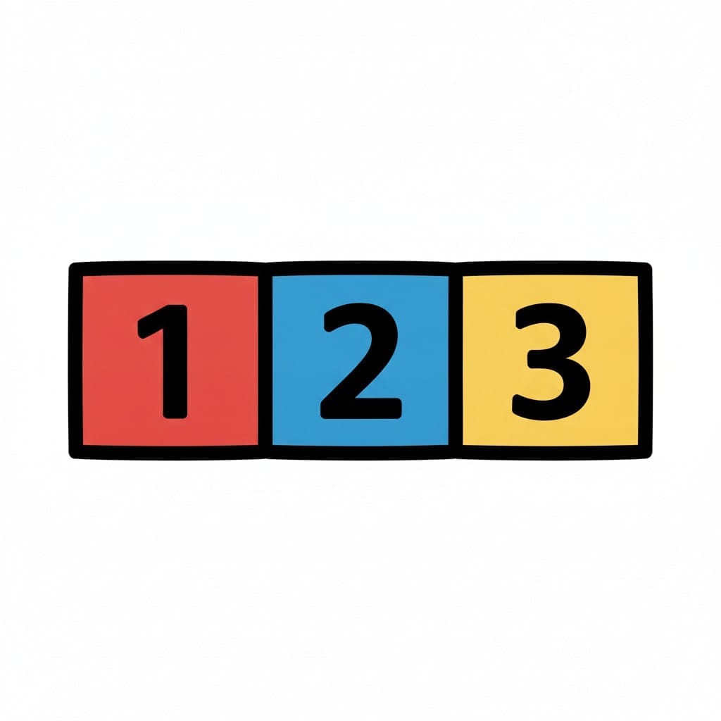 Drie blokken op een rij in rood, blauw en geel met de cijfers 1, 2 en 3.