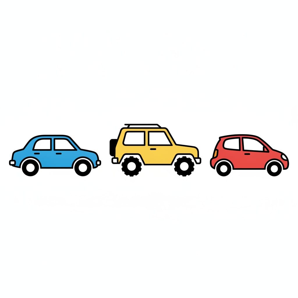 Drie kleine auto's in blauw, geel en rood op een rij.