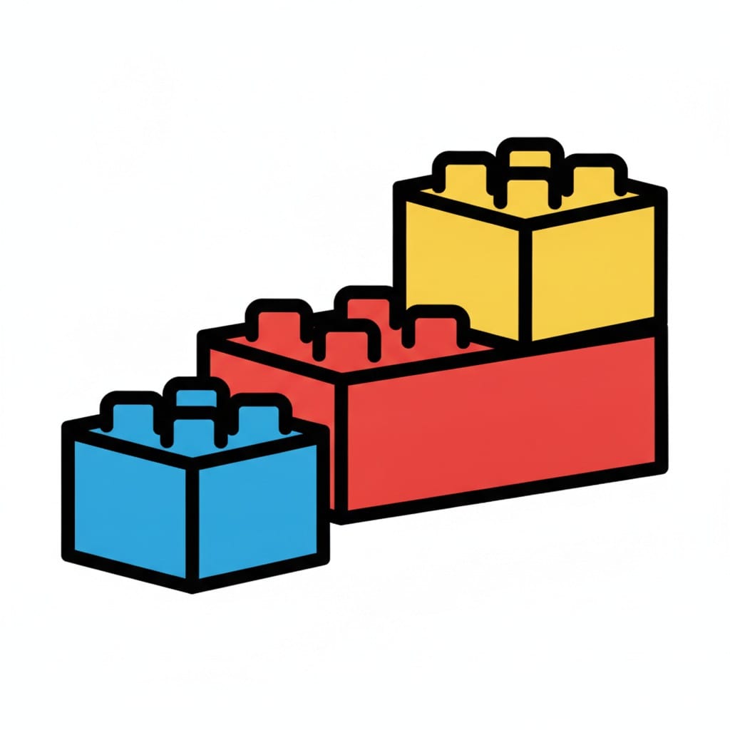 Drie grote bouwsteentjes in blauw, rood en geel, waarbij het gele op het rode ligt.