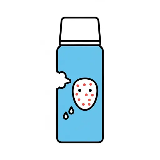 A blue spray bottle spraying towards a face with red spots.