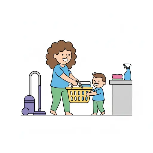 A smiling adult and a smiling child carry a yellow basket of folded towels together, beside a vacuum cleaner and a counter with a spray bottle.