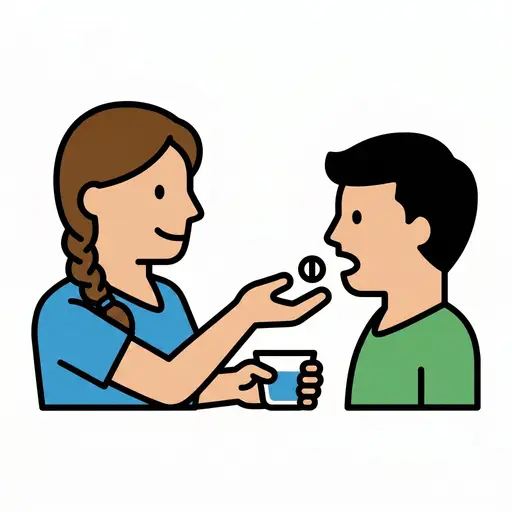En voksen rekker frem en pille og et glass vann til et barn som åpner munnen.