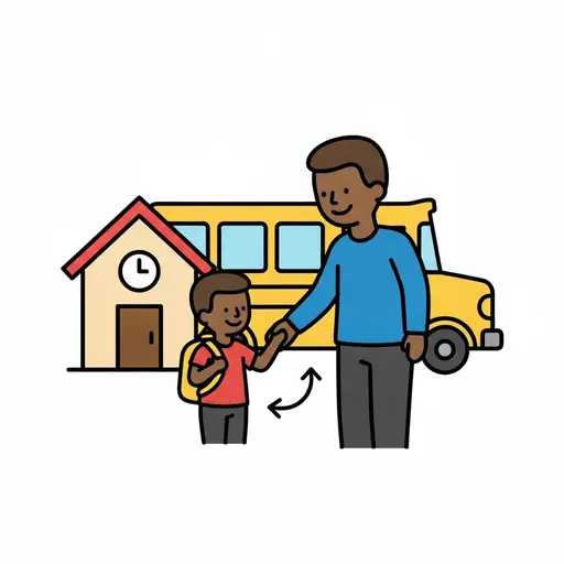 An adult holds the hand of a boy with a backpack in front of the school and a yellow school bus.