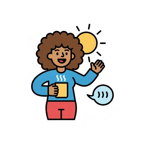 Een volwassene houdt een dampende mok vast en zwaait, met een zon en een tekstballon ernaast.