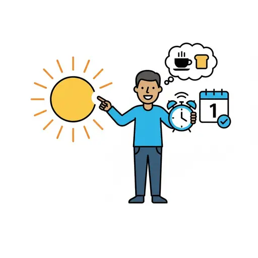 Een volwassene wijst naar een zon met een wekker in zijn hand, met een kalender en een gedachtewolk met koffie en brood.