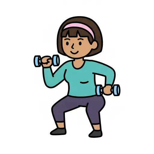 An adult with a headband does a squat holding two dumbbells.