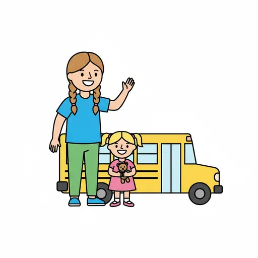 En smilende voksen med fletninger vinker ved siden af et lille smilende barn med en bamse, foran en gul skolebus.