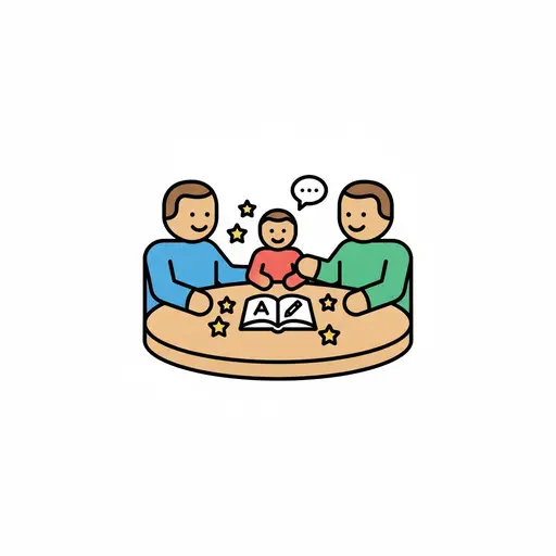 Drie personen zitten rond een ronde tafel met een opengeslagen boek en tekstballonnen.