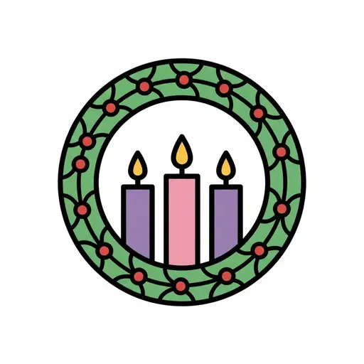 En grön adventskrans med röda bär runt tre tända ljus i lila och rosa.