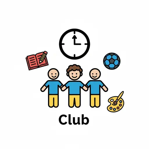 A symbolic image of an after school club with three people, a clock, a book, a soccer ball, and a palette.