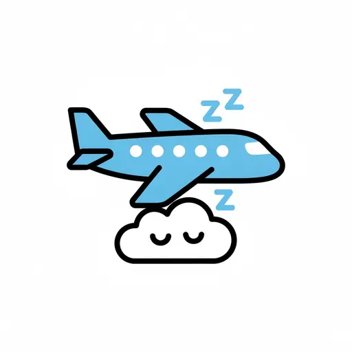 A blue airplane with sleep symbols and a sleeping cloud below it.