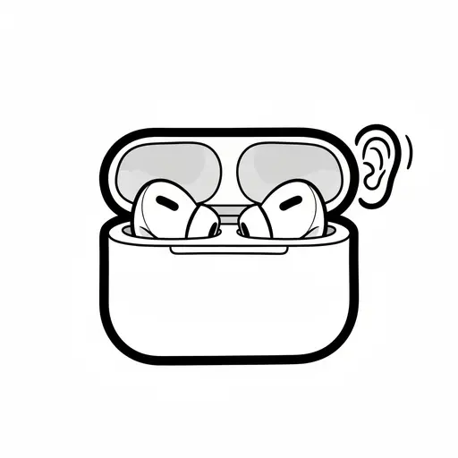 Een setje Airpods in het oplaaddoosje met een pictogram van een oor ernaast.