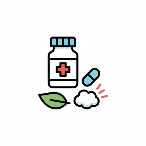 Medicine bottle with a red cross next to a capsule, a leaf, and a cloud.
