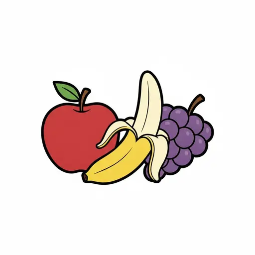 Een rode appel, een half gepelde banaan en een tros blauwe druiven.